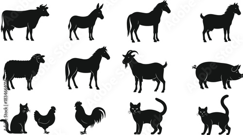 Silhouette vector set of farm animals including cow, horse, pig, goat, sheep, hen, rooster, cat, donkey, and more