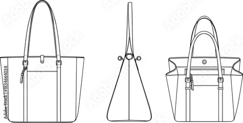 Technical drawing of modern handbag with front, side, and back views for fashion design, manufacturing, and product visualization use.