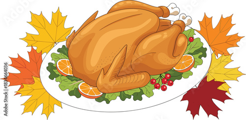 Traditional Thanksgiving turkey dinner with autumn leaves, festive garnishes, berries, and citrus slices on white platter for holiday celebration illustration