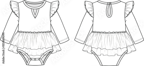 Vector fashion sketch of baby girl romper dress with ruffled sleeves, gathered skirt, and snap closure for garment design illustration.