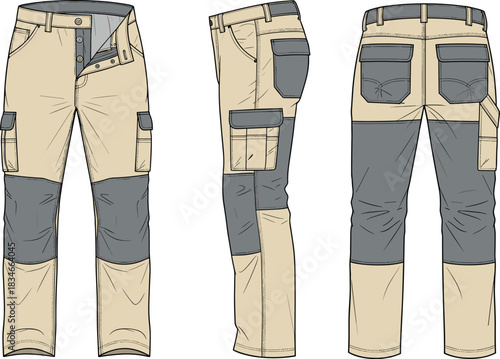 Utility work pants vector showing front, side, and back views with reinforced fabric, cargo pockets, and industrial stitching details.