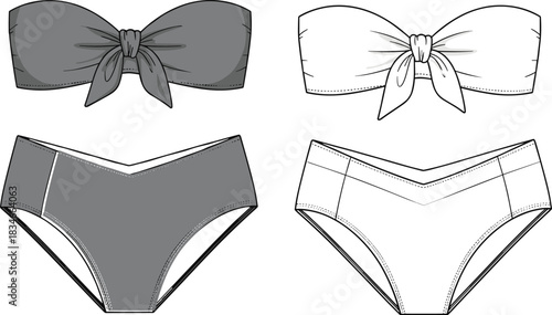 Vector illustration of two bikini sets with bandeau tops and low-rise bottoms for swimwear fashion, garment design, and apparel mockup.