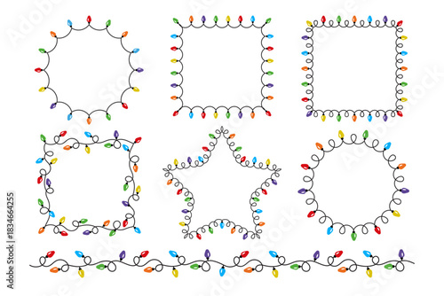 Set of Christmas lights frames with round and square shape. Colorful string lightbulb garland border. Vector holiday decorative elements for greeting cards, invitations, banners, posters