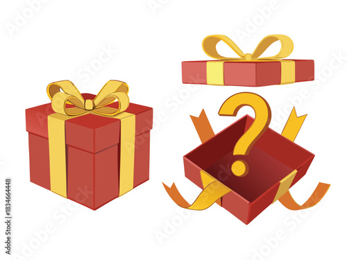 Red gift boxes with golden ribbons and a question mark, perfect for adding mystery and excitement to promotions, sales, and events transparent background
