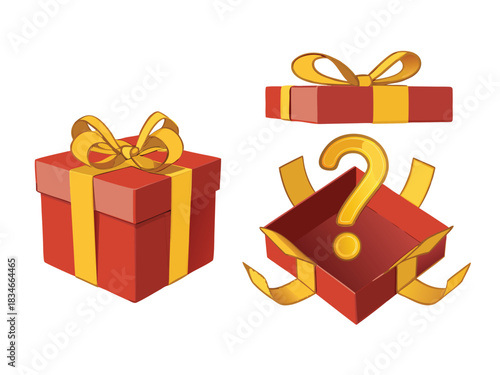 Red gift boxes with golden ribbons and a question mark, perfect for adding mystery and excitement to promotions, sales, and events transparent background
