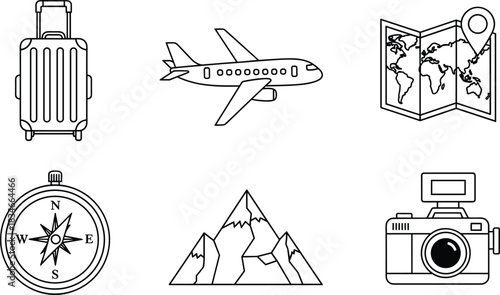 Black and white travel icon set with suitcase, airplane, map, compass, mountain, camera for tourism, adventure, vacation themes