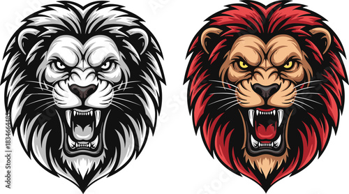 Roaring lion head illustration, fierce animal art, dramatic lion face, stylized predator design, aggressive wildlife graphic, majestic beast portrait