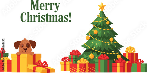 Cartoon dog with Christmas gifts and tree, festive holiday scene with decorations, presents, ornaments, lights, celebration, winter joy