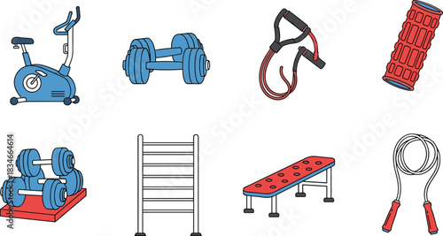 Cartoon-style gym and fitness equipment collection including dumbbells, bench, bike, resistance band, foam roller, jump rope, ladder rack.