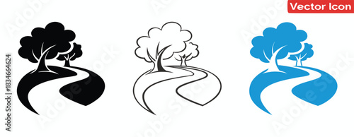 Ecology icon. Set of icons for environmental protection, earth, renewable energy, leaf, recycling, green energy, green icons,Scenic path through trees illustration black line blue,