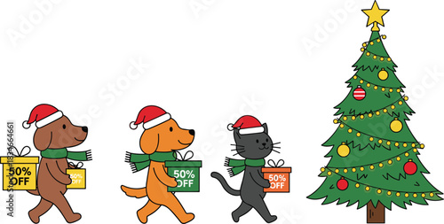 Festive Christmas pets with Santa hats and gifts walking to decorated tree for holiday sale, winter discount, seasonal celebration vector