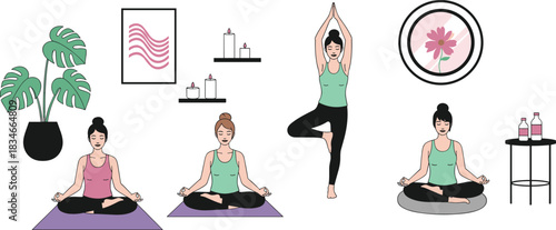 Group yoga meditation in peaceful home interior with plants, cushions, candles, and wellness decor promoting mindfulness and relaxation practice.