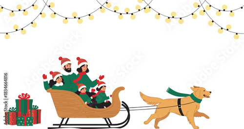 Golden Retriever Pulling Sleigh with Happy Family, Christmas Gifts, Winter Lights, Festive Holiday Scene, Red Green Outfits, Snow Celebration Vector