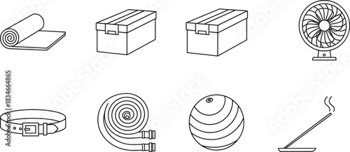Home fitness and wellness essentials including exercise mat, resistance band, ball, fan, incense, storage boxes, belt vector illustration