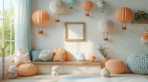 Fototapeta Naklejka Na Ścianę i Meble -  3D rendered children's room scene, light wood A4 frame on wooden shelf with hot air balloon ornaments, natural lighting and soft shadows