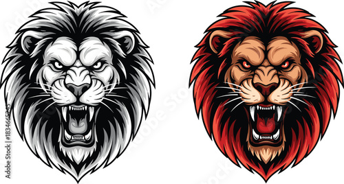 Roaring lion head illustration, fierce animal graphic, monochrome and colored design, mascot art, aggressive expression, bold wild symbol