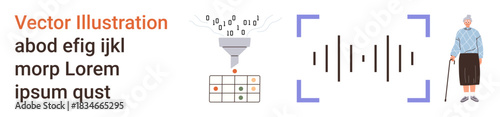 Data analysis, machine learning, technology, senior care, communication, graphic elements. Symbols include a funnel processing data, sound waves and an elderly person holding a cane. Data analysis