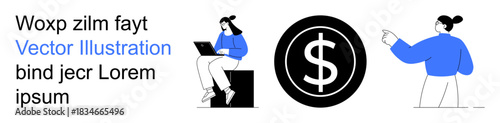 Finance, technology, business growth, communication, remote work, digital economy. People working on laptops and pointing at a money symbol. Finance and technology