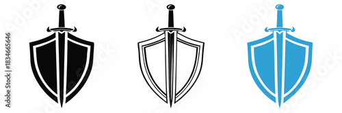 Shield and sword icon set, representing protection and defense isolated on white background,Stunning shield and sword icon for security, defense, and protection concepts,