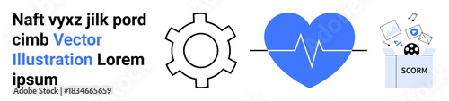 Gear connects to a blue heart with a heartbeat line leading to a SCORM file envelope. Ideal for workflow, health tech, e-learning, data sharing, digital processes, automation, simple landing page