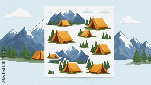 Set of isolated camping tent illustrations with mountains and trees.