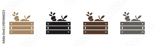 Fresh harvest icons of produce in wooden crate designs,