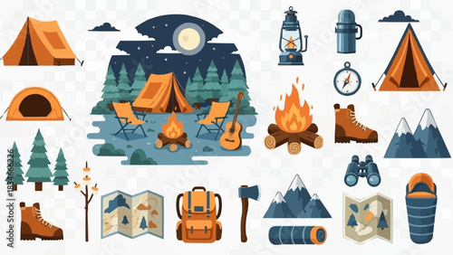 Camping adventure scene with tents campfire and outdoor equipment.