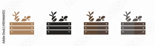 Fresh harvest icons of produce in wooden crate designs,
