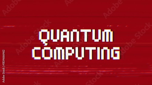Quantum Computing Glitch Animation with Retro Pixel Text on a Red Screen. Ideal for technology, AI, science, data, and futuristic video projects, adding a digital, lo-fi aesthetic.