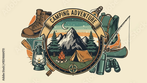 Camping Adventure Emblem with Outdoor Gear and Mountain Landscape.