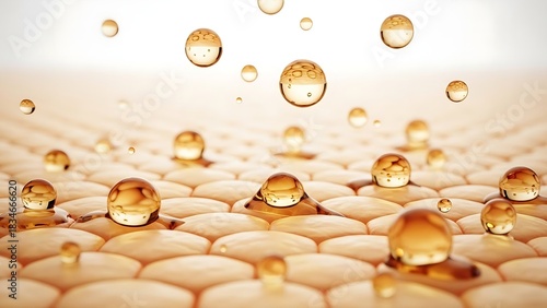 Golden Oil Droplets Absorbing into a Highly Magnified Skin Cell Texture