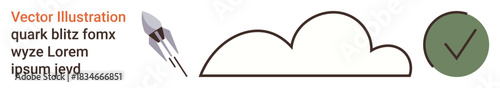 Innovation, progress tracking, goal achievement, minimalism, space exploration, task management. Rocket near a cloud and a green checkmark. Innovation and progress tracking concepts