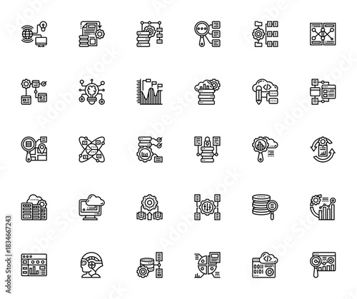 Data Analytics icon set. Vector illustration. Includs symbols for big data, mahine learning, artificial ntelligence, cloud computig, data visualization, dasboard and more.