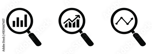 Vector art of three magnifying glass icons show graphs and charts representing data analysis market research and business intelligence activities

