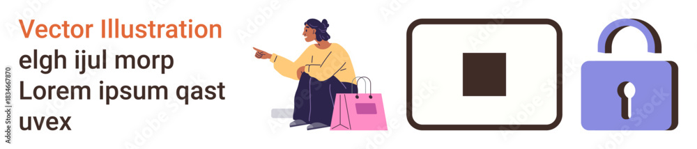 Fototapeta premium E-commerce, online security, purchase protection, digital payment safety, consumer privacy, retail. Woman shopping, square icon padlock. E-commerce and online security concept