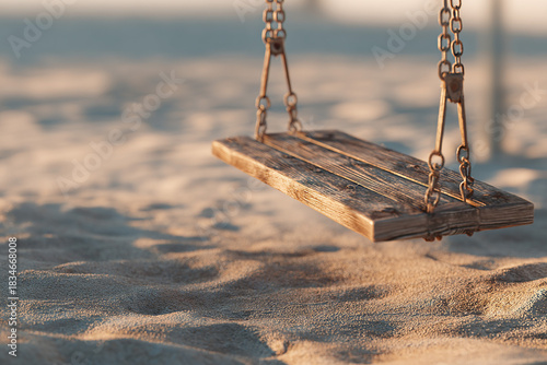 Rusty wooden swing hanging over sandy beach under sunny light