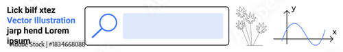 Data visualization, search tools, online research, educational concepts, information processing, user interface. Search bar and magnifying glass with plants and graph. Data visualization and search