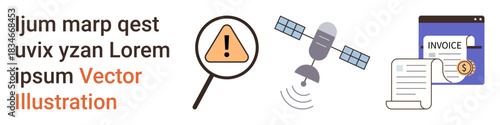Warning system, remote communication, invoice management, financial documentation, technology usage, safety alerts. Caution sign, satellite and invoice document. Warning system and remote