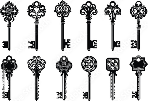 Vintage ornate keys collection, antique metal design, floral bow pattern, symmetrical shapes, historical lock tools, decorative shaft, retro style