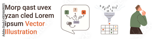 Data processing, decision-making, artificial intelligence, workflow, problem-solving, machine learning. Visuals include icons of data flow and a thinking person. Data processing and problem-solving