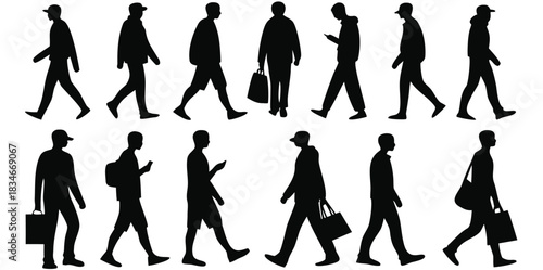 business people walking Silhouettes, men and women full length front, side, back view. Vector art of a collection of walking man silhouettes in various poses and with different accessories
