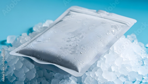 Icy fresh sealed pouch package mockup rests on a bed of crushed ice, perfect for showcasing your brand's cool new product or frozen food innovations