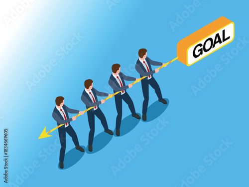 Team of Businessmen Pulling Goal Bar Towards Success 3d isometric vector illustration