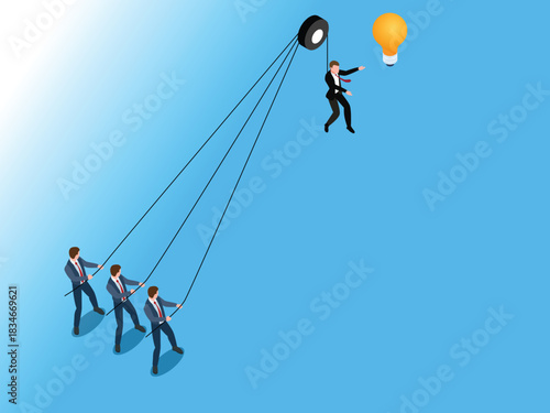 A conceptual, isometric illustration showing teamwork and collaboration: three business people pull ropes using a pulley system to hoist a colleague toward a glowing lightbulb, representing achieving 