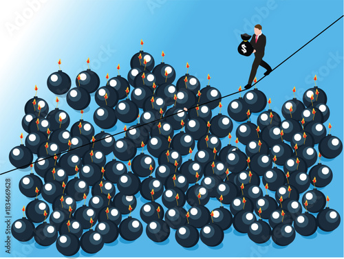 Businessman Tightrope Walking Over Pile of Lit Bombs 3d isometric vector illustration