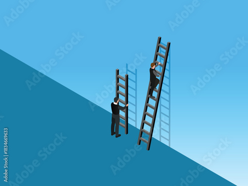 Businessmen Climbing Ladders to Success on Steep Slope 3d isometric vector illustration
