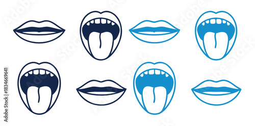 Mouth icons show lips and tongue in shades of blue, perfect for graphic design or branding.Lips icon on white and black background in different styles.Lips icon isolated on white background.

