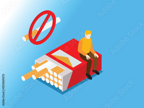 Man on Cigarette Pack with Stop Smoking Prohibition Sign 3d isometric vector illustration