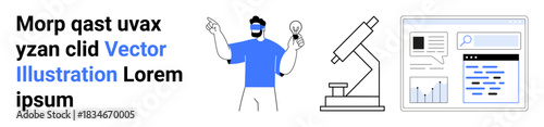 Science, technology, research, data analysis, innovation, discovery. A man holding a light bulb, a microscope and a data chart. Science and research concept