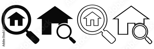 MFind your dream home with this modern house search icon set.magnifying glass icons show graphs and charts representing data analysis market research and business intelligence activities,
